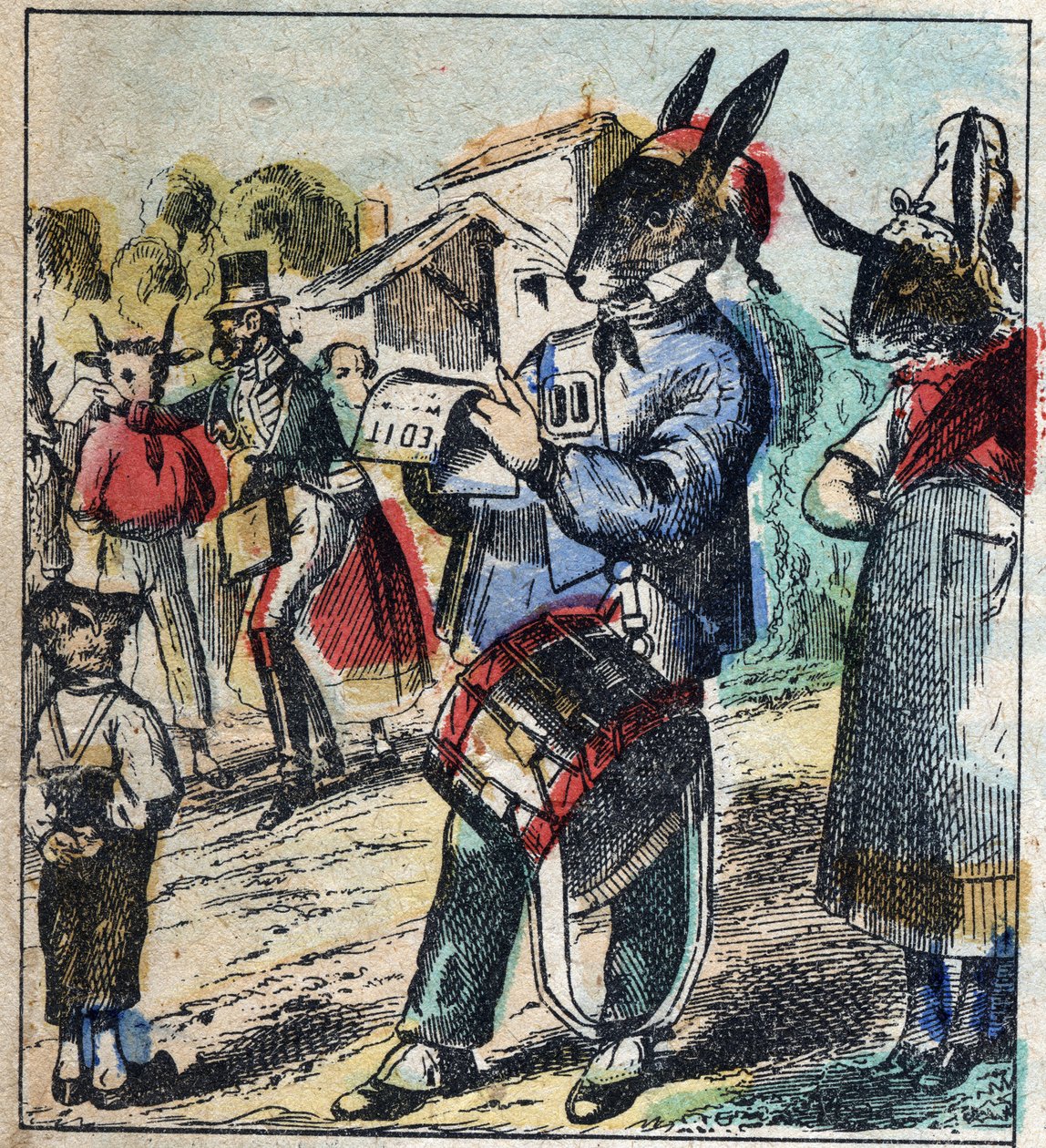 Sairas leijona ja kettu. Jean de La Fontainen (1621-95) sadut. Epinaalikuvaus 1800-luvun lopulta. tekijältä French School