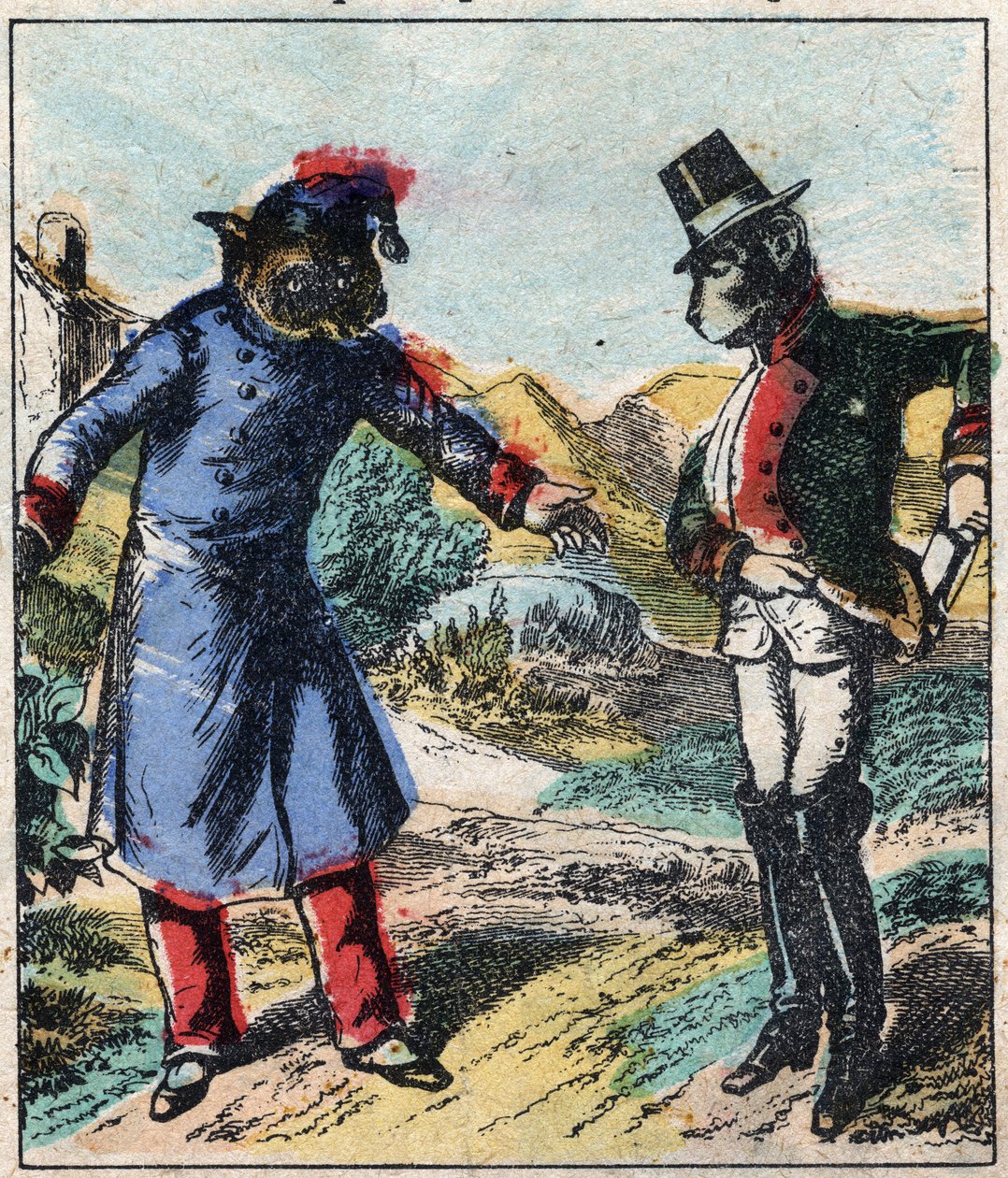 Sairas leijona ja kettu. Jean de La Fontainen (1621-95) sadut. Epinaalikuvaus 1800-luvun lopulta. tekijältä French School