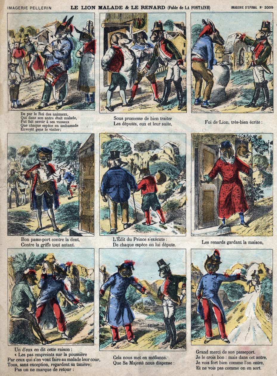 Sairas leijona ja kettu. Jean de La Fontainen (1621-95) sadut. Epinaalikuvaus 1800-luvun lopulta. tekijältä French School