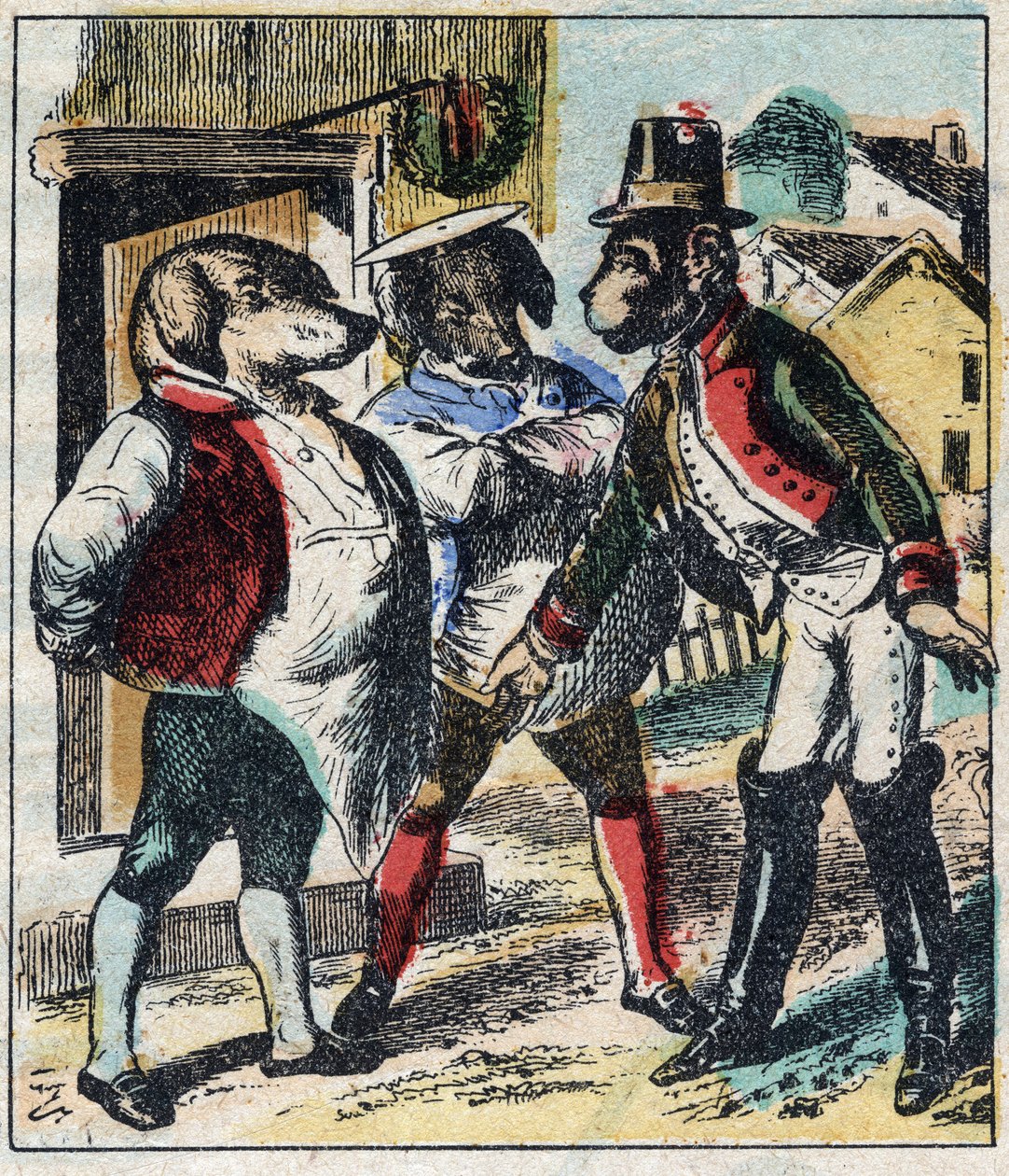 Sairas leijona ja kettu. Jean de La Fontainen (1621-95) sadut. Epinaalikuvaus 1800-luvun lopulta. tekijältä French School