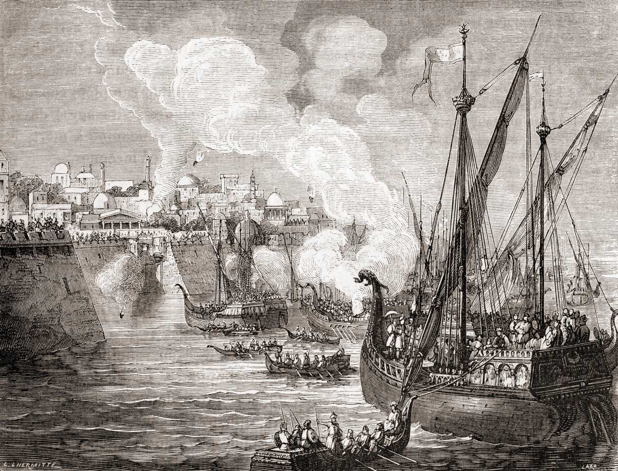 Konstantinopolin piiritys vuonna 1453 ottomaanisulttaani Mehmed II:n toimesta, julkaisusta Les Merveilles de la Science, noin 1870 (kaiverrus). tekijältä French School