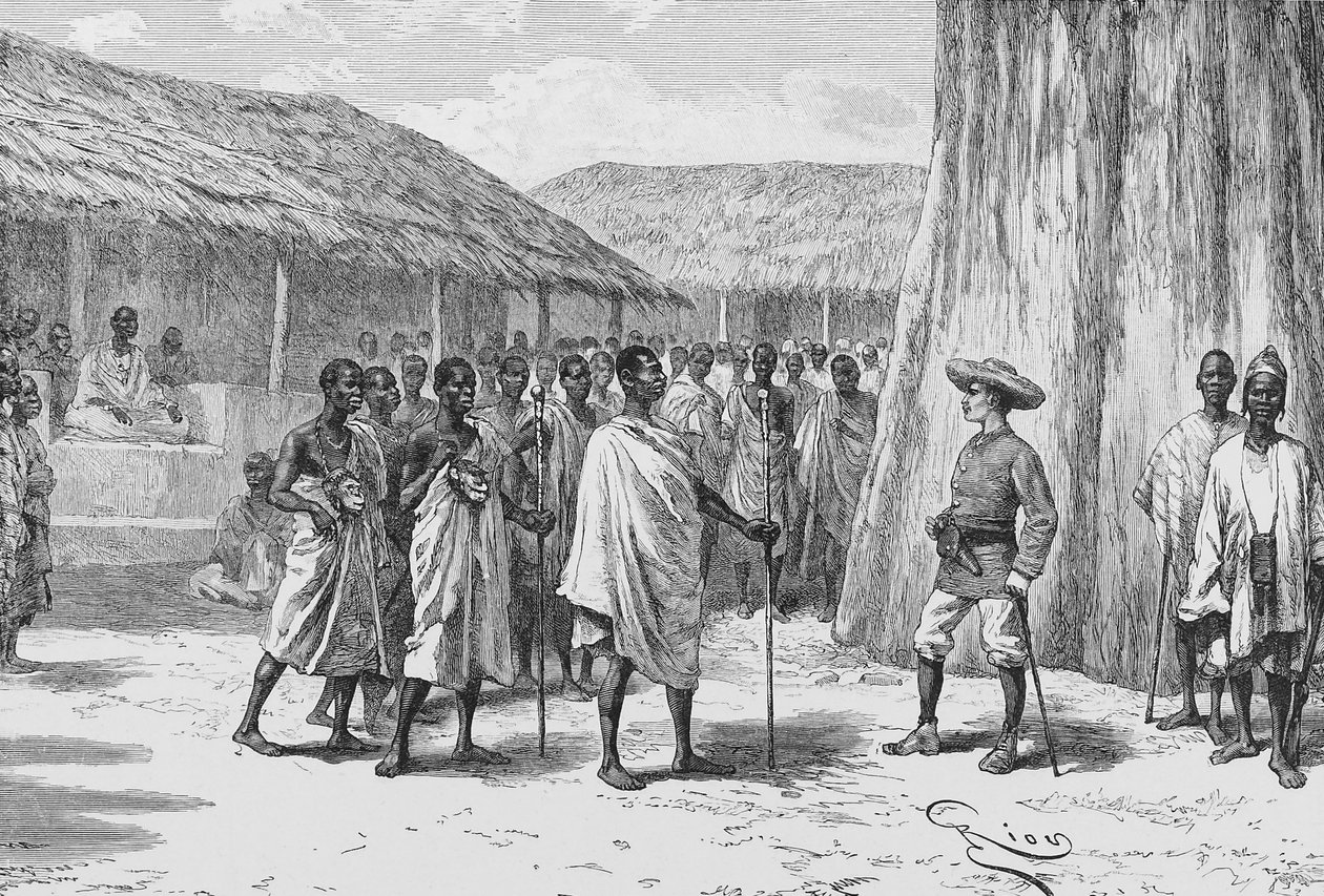 Sopimuksen allekirjoittaminen Aouaboussa, kuvitus "Du Niger au Golfe de Guinee...", kirjoittanut Louis Gustave Binger tekijältä French School