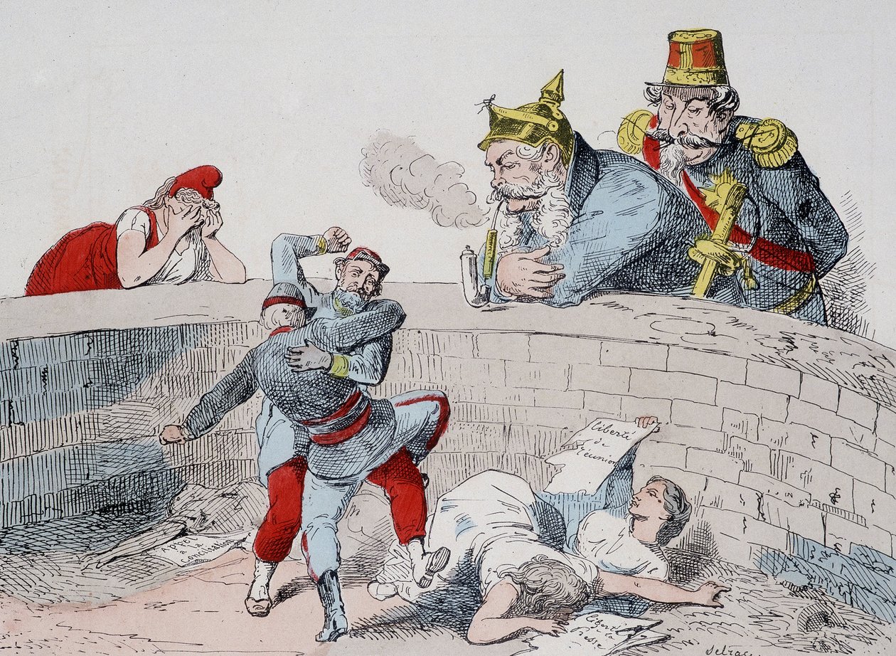 Tilanne - Gauillaume: Meidän on autettava hulluja, Badingue (Napoleon III): Anna heidän tehdä veljeni, on aika puuttua asiaan, kun he (pariisilaiset) ovat syöneet itsensä. Sarjakuva kommuunista. tekijältä French School
