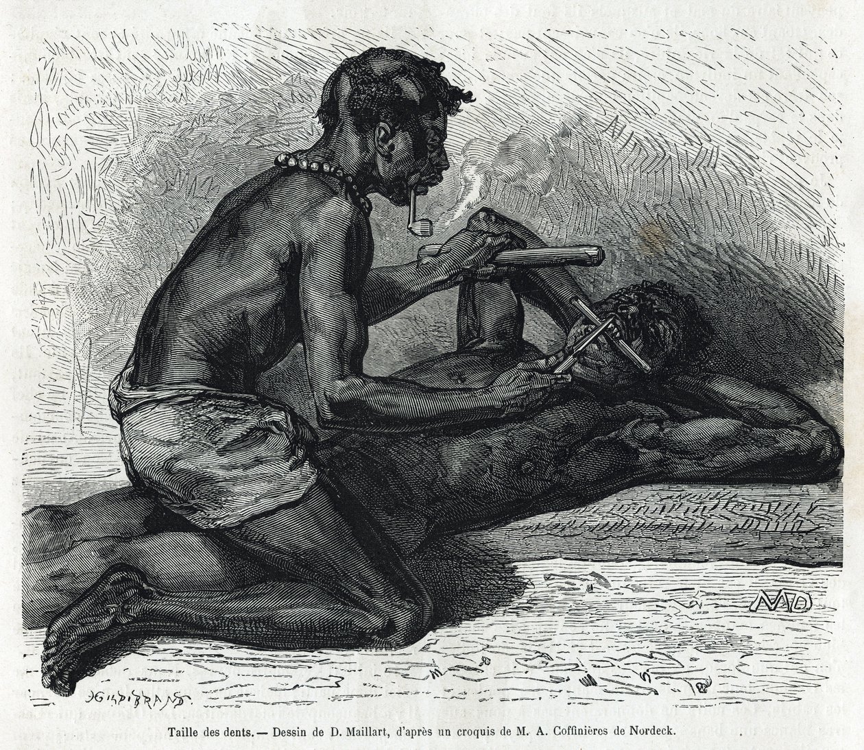 Okandan hampaiden koko, D. Maillardin piirustus kuvaamaan Alfred Marchen tarinaa Gabonin ja Ogoue-joen matkasta vuosina 1875-1877. Kaiverrus kirjassa Le tour du monde tekijältä French School
