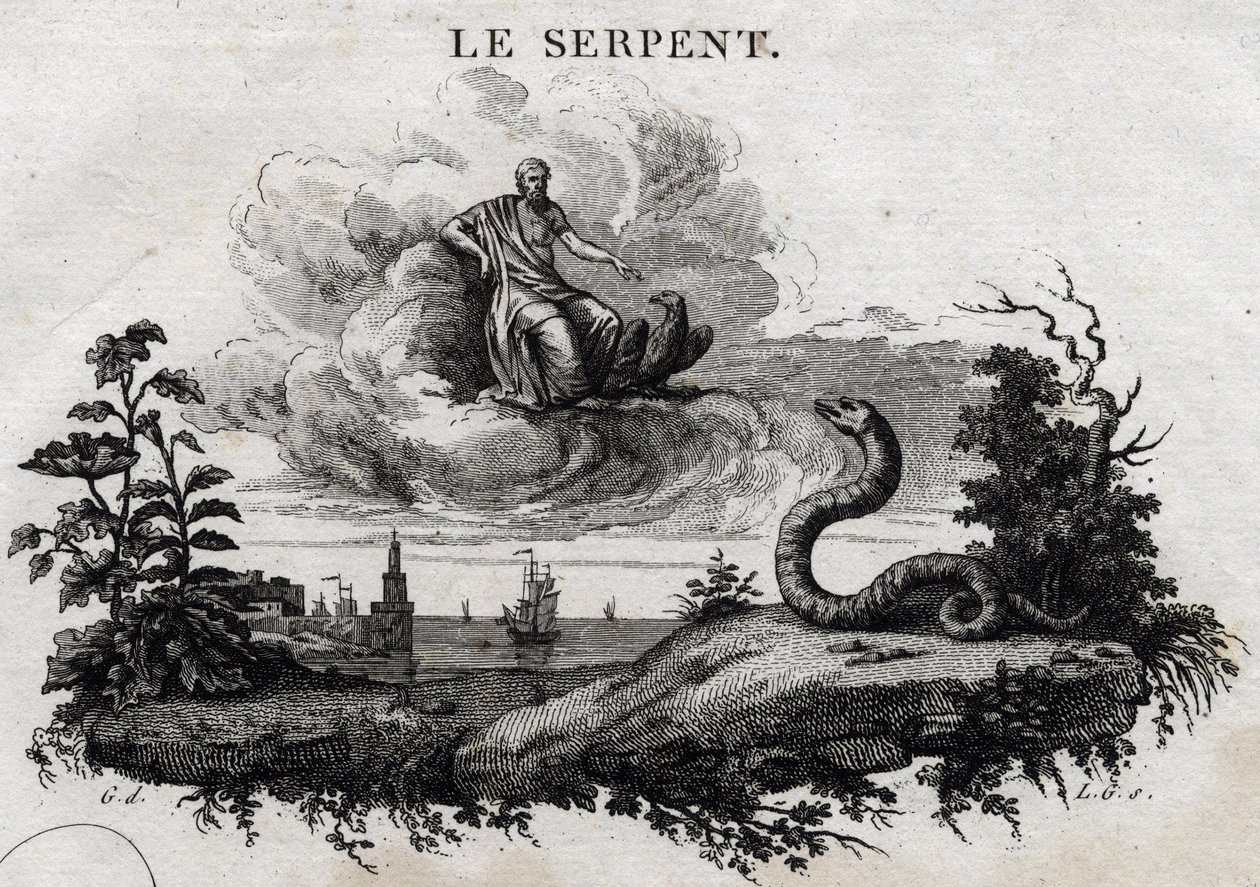 Käärme. Fable of Esope. (Kreikkalainen kirjailija Esopo tai Ecopus, 6. vuosisata eKr.) Kirjoittanut Guillaume Montfort ja Gravees Beauble vuonna 1801. tekijältä French School