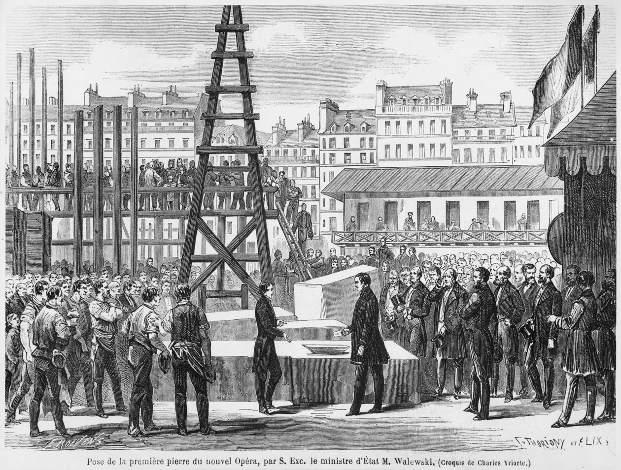 Valtioministeri Walewski laskemassa ensimmäisen kiven Pariisin uuteen oopperaan 21. heinäkuuta 1862 tekijältä French School