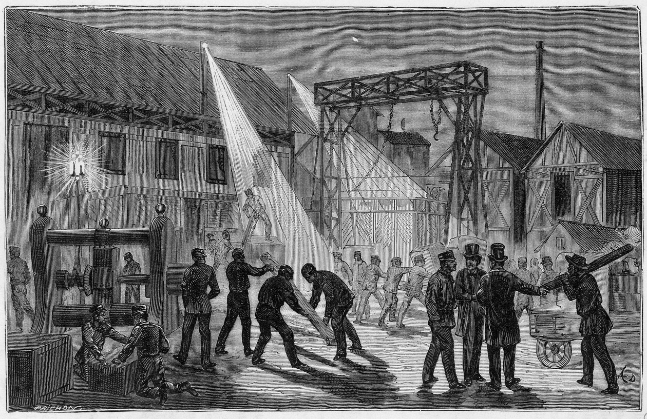 1800-luvun lopussa sähkövalolla valaistu asema "" Kappeli" - Kaiverrus "Kaikkien saatavilla olevat tieteet - suosittu fysiikka ja kemia" Alexis Clerc. 1800-luvun loppu. Yksityinen kokoelma. tekijältä French School