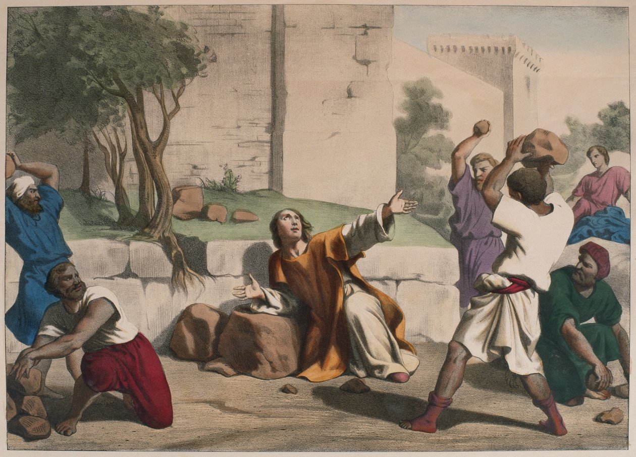 Pyhän Tapanin kivittäminen, kuvitus katekisuksesta LHistoire Sainte, julkaisija Charles Delagrave, Pariisi, 1800-luvun loppu tekijältä French School