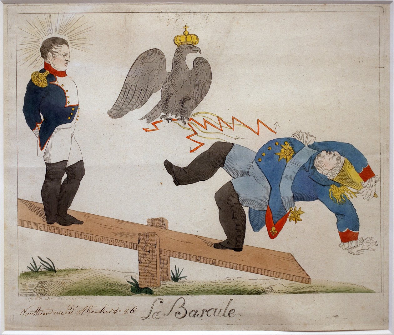 Kytkin. Muotokuva Napoleon Bonapartesta (1769-1821), joka seisoo keinulaudalla ja katselee vihollisensa putoamista kotkan kruunun puhaltamana. Sarjakuva. Eau forte, 1800-luvun alku, Ranska. Napoleonin museo, Antibes. tekijältä French School