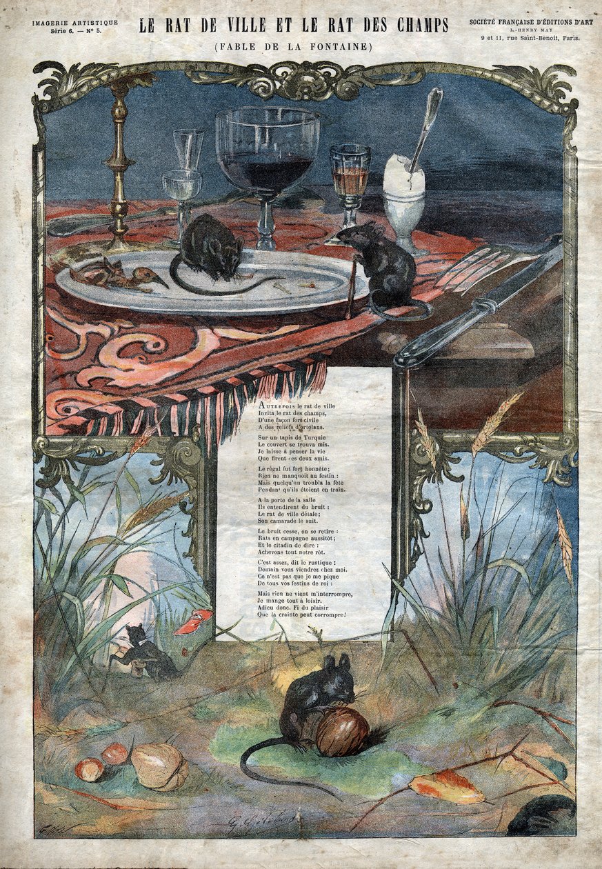 Kaupungin rotta ja kenttärotta. Jean de La Fontainen (1621-95) satuja. Kuva 1800-luvun lopusta. tekijältä French School