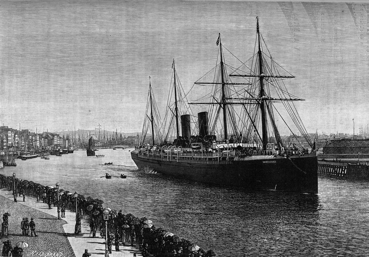 Transatlanttinen laiva "" La Gascogne"" Le Havren satamassa vuonna 1887. Kaiverrus maineikkaassa aikakauslehdessä "" La jeunesse"" tekijältä French School