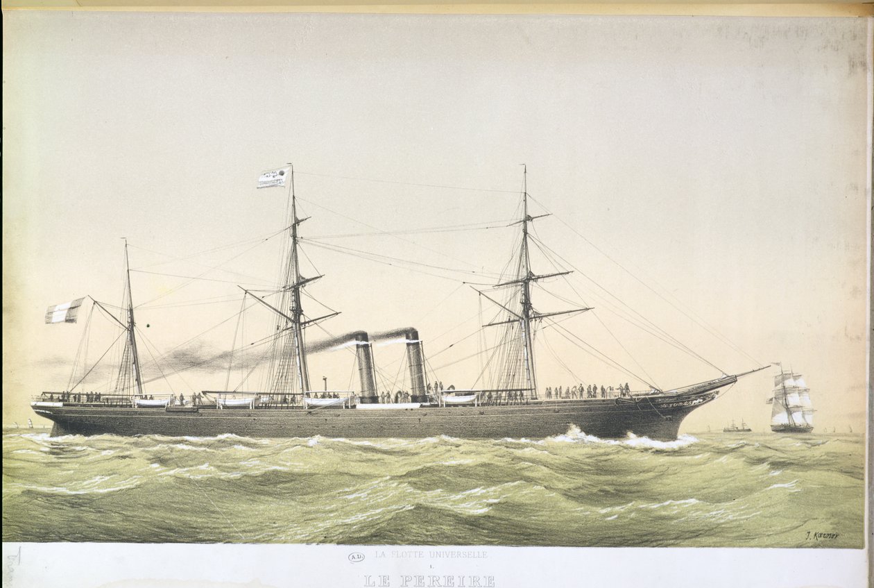 Atlantin ylittävä melalaiva Le Pereire, joka ylitti Le Havresta New Yorkiin, n. 1860 tekijältä French School