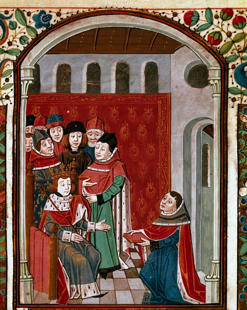Kääntäjä John de Meung (tai Clopinel tai Chopinel) (1240-1305) lahjoittaa teoksensa kuningas Philip IV Kauniille (1268-1314). Miniatyyri otettu latinalaisen filosofin Boecen (Boetius) (475-520) teoksesta "De Consolatione Philosophiae", kääntänyt Jean d. tekijältä French School