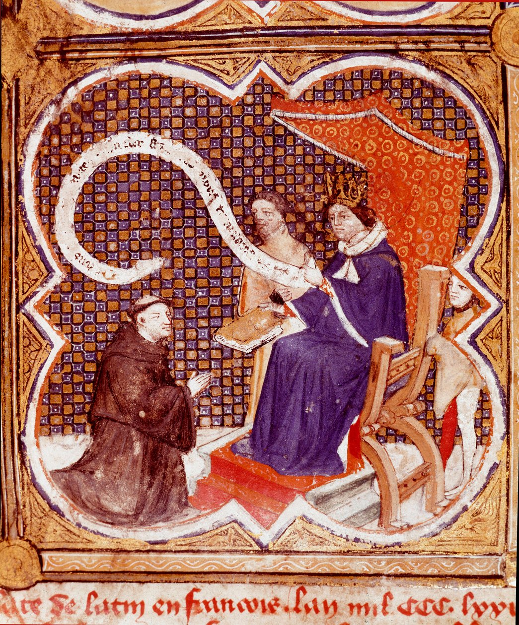 Kääntäjä tarjoaa kirjansa kuningas Kaarle V:lle (1338-1380). Miniatyyri, joka on otettu Englantilaisen Barthelemy