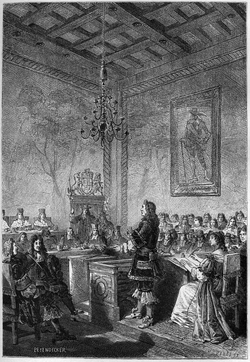 Lordi William Russellin (1639-1683) oikeudenkäynti - kaiverrus Francois Guizotin "Englannin historiasta, varhaisimmista ajoista" 1877 tekijältä French School