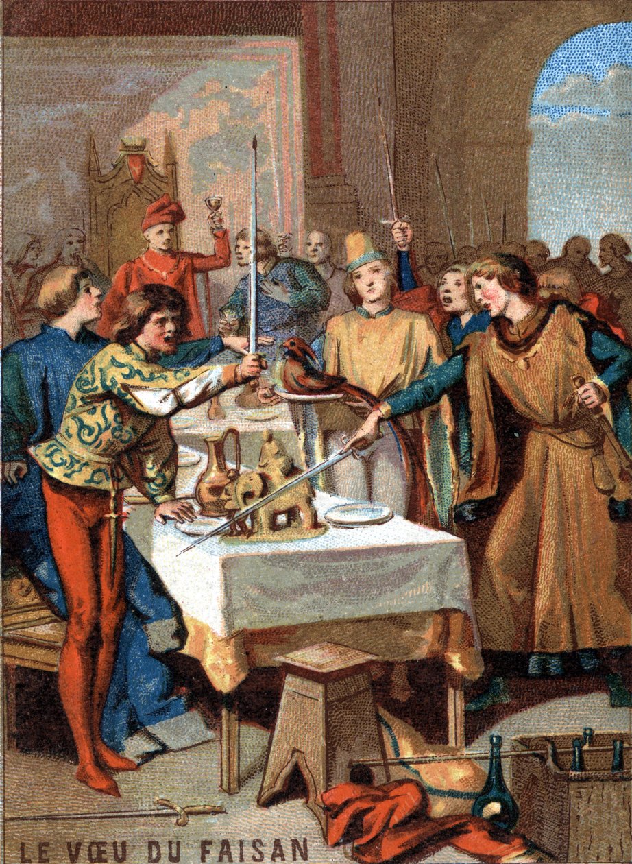 Fasaanin toive (1454): Burgundin herttua Filip III Hyvän järjestämän juhlan aikana vieraat vannovat helminauhalla koristeltua fasaania tuhotakseen turkkilaisen. Kromolitografia sarjasta "" Isänmaallinen koulutus I tekijältä French School