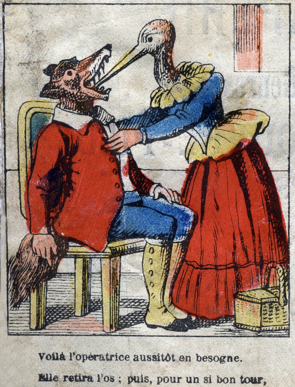 Susi ja haikara. Jean de La Fontainen (1621-95) sadut. Epinaalikuvaus 1800-luvun lopulta. tekijältä French School