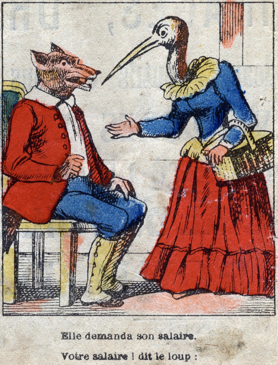 Susi ja haikara. Jean de La Fontainen (1621-95) sadut. Epinaalikuvaus 1800-luvun lopulta. tekijältä French School