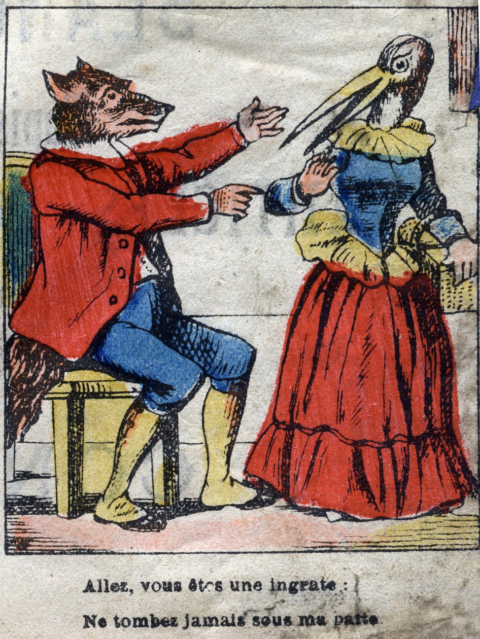 Susi ja haikara. Jean de La Fontainen (1621-95) sadut. Epinaalikuvaus 1800-luvun lopulta. tekijältä French School