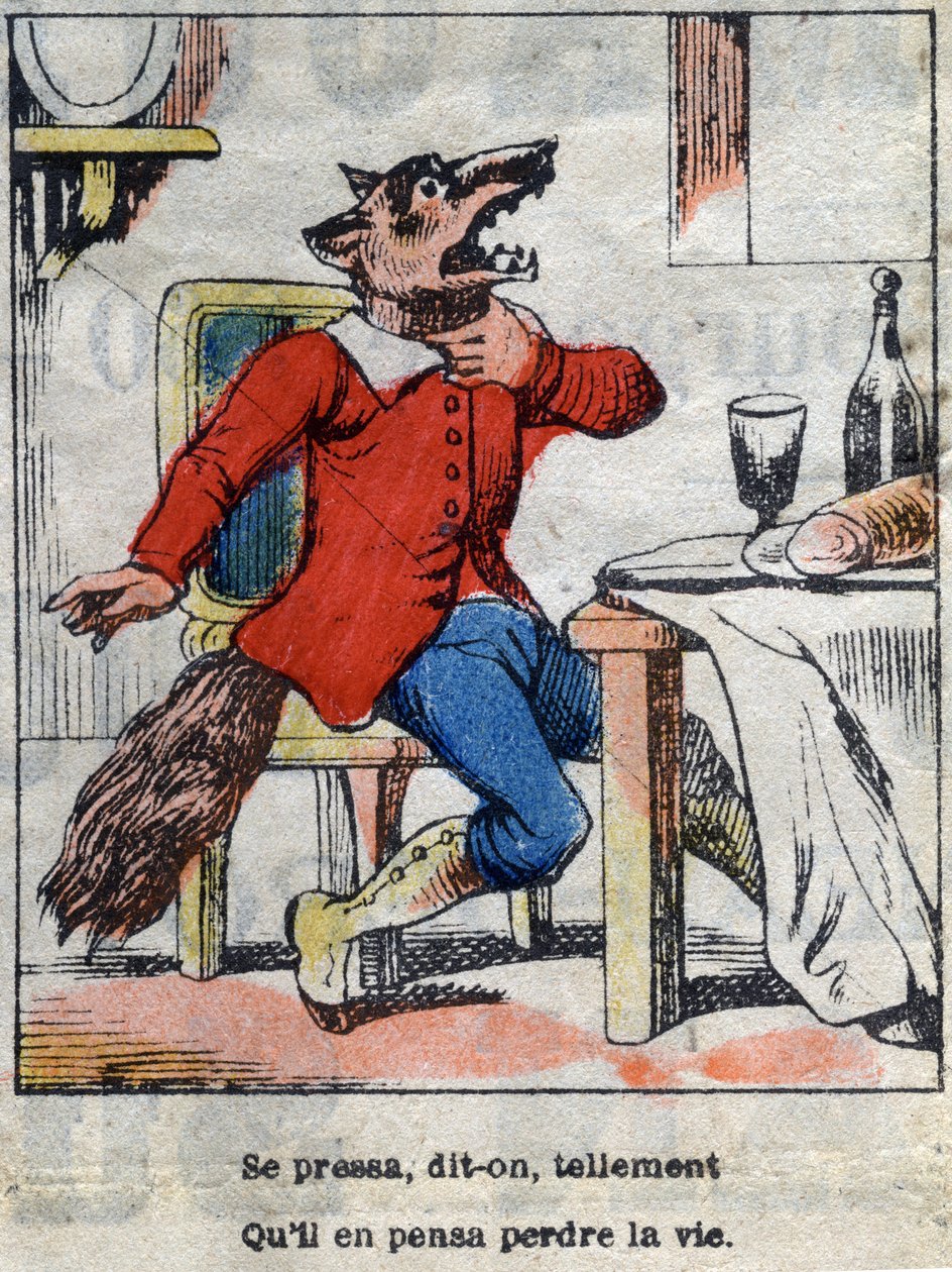 Susi ja haikara. Jean de La Fontainen (1621-95) sadut. Epinaalikuvaus 1800-luvun lopulta. tekijältä French School