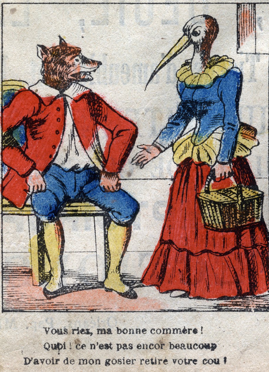 Susi ja haikara. Jean de La Fontainen (1621-95) sadut. Epinaalikuvaus 1800-luvun lopulta. tekijältä French School