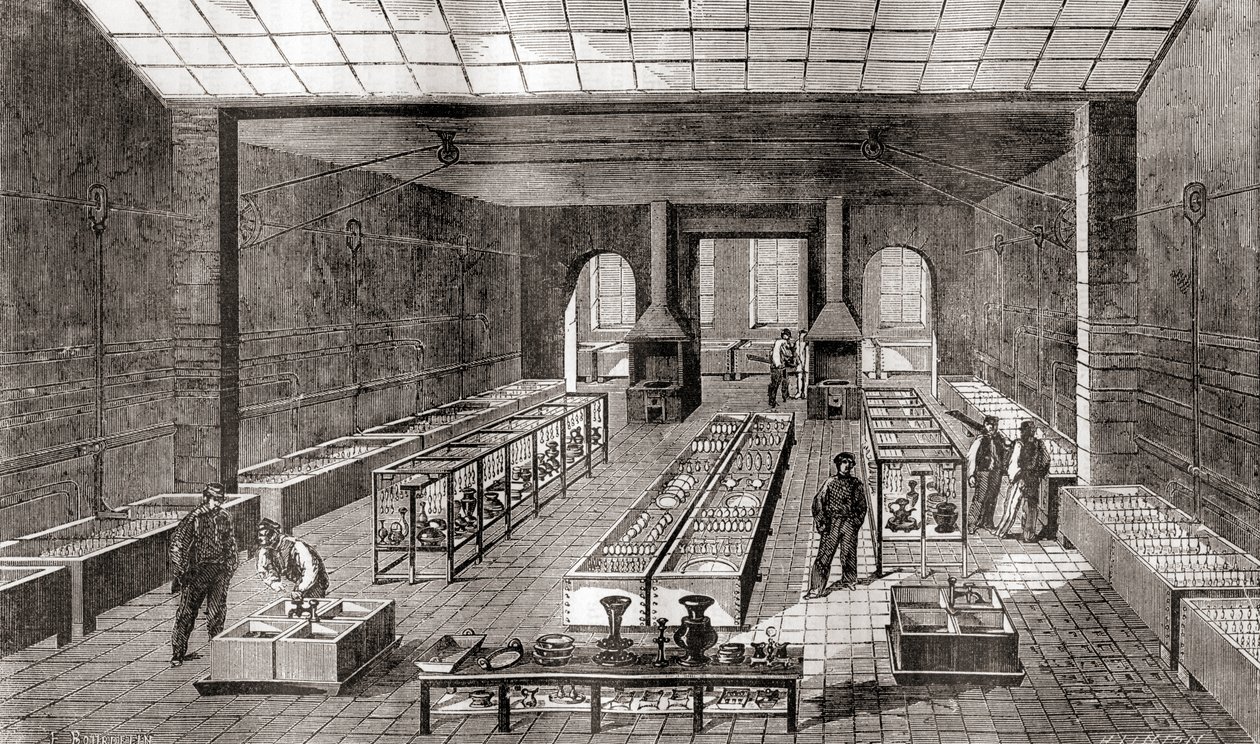 Kemiallisia kylpyjä sisältävä työpaja Charles Christoflen galvanointitehtaalla Pariisissa, Ranskassa vuonna 1867, Les Merveilles de la Science -julkaisusta, julkaistu noin 1870 (kaiverrus) tekijältä French School