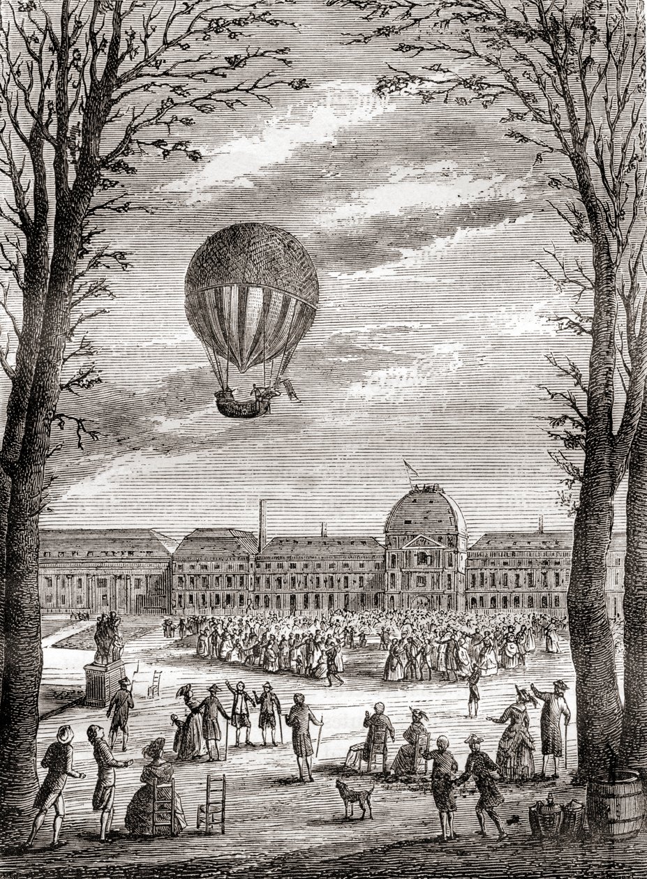 Maailman ensimmäinen miehitetty vetypallolento Champs de Marsin yllä Pariisissa, Ranskassa 1. joulukuuta 1783 Nicolas-Louis Robertin ja professori Jacques Charlesin ohjaamana, Les Merveilles de la Science, julkaistu noin vuonna 1870 (kaiverrus). tekijältä French School