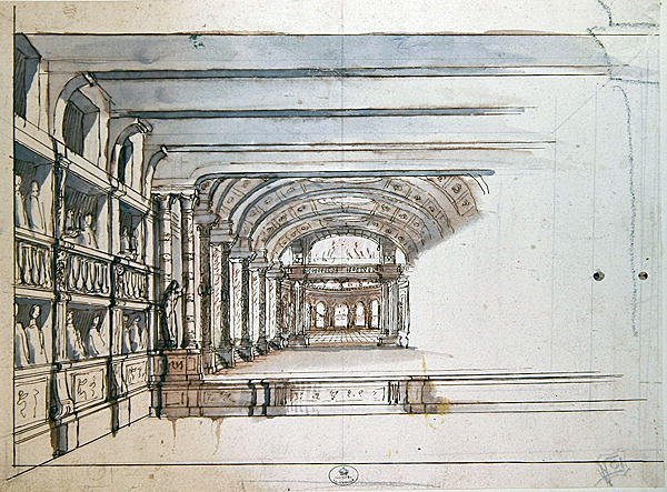 Teatterilava ja auditorio laatikoineen, 1600-luvun loppu (kynä ja muste ja pesu paperille) tekijältä French School