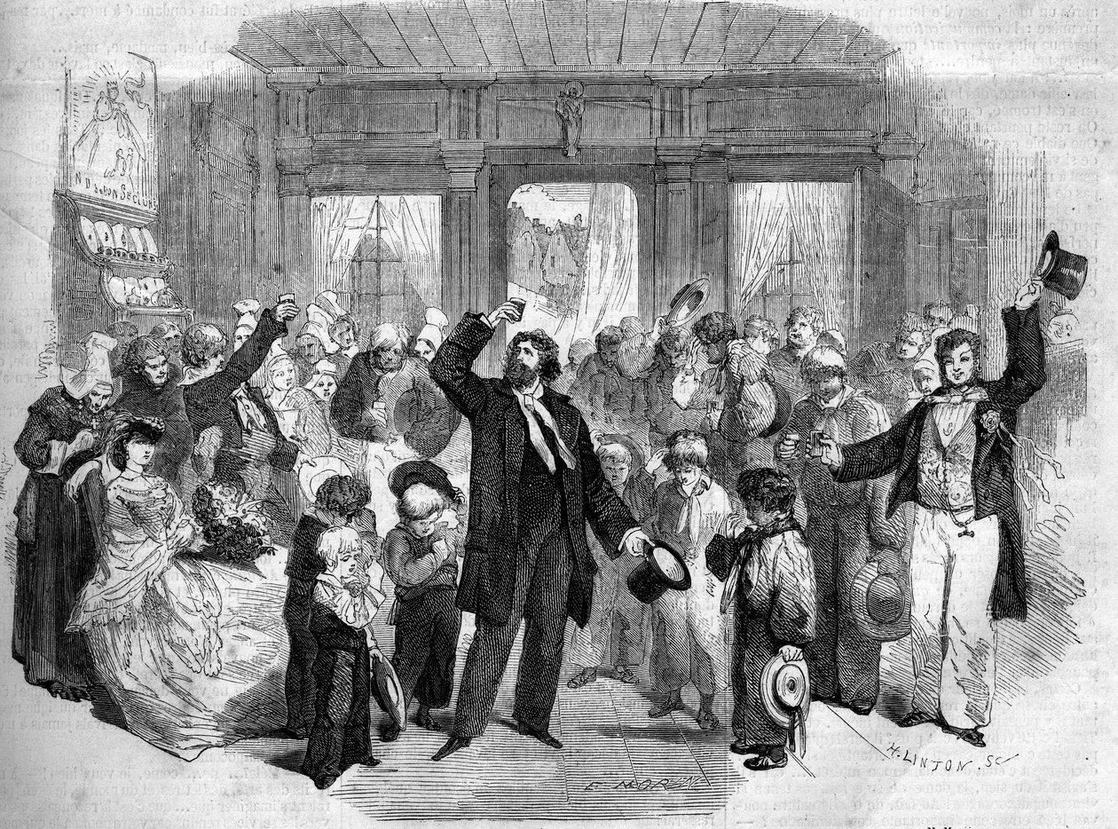 Alphonse Karrin (1808-1890) "La Penelope Normande" (I näytös) teatteriesitys. Koomikoiden joukossa olivat Mme Alexis, Mme Doche, Lafontaine (Henry Lafontaine tekijältä French School