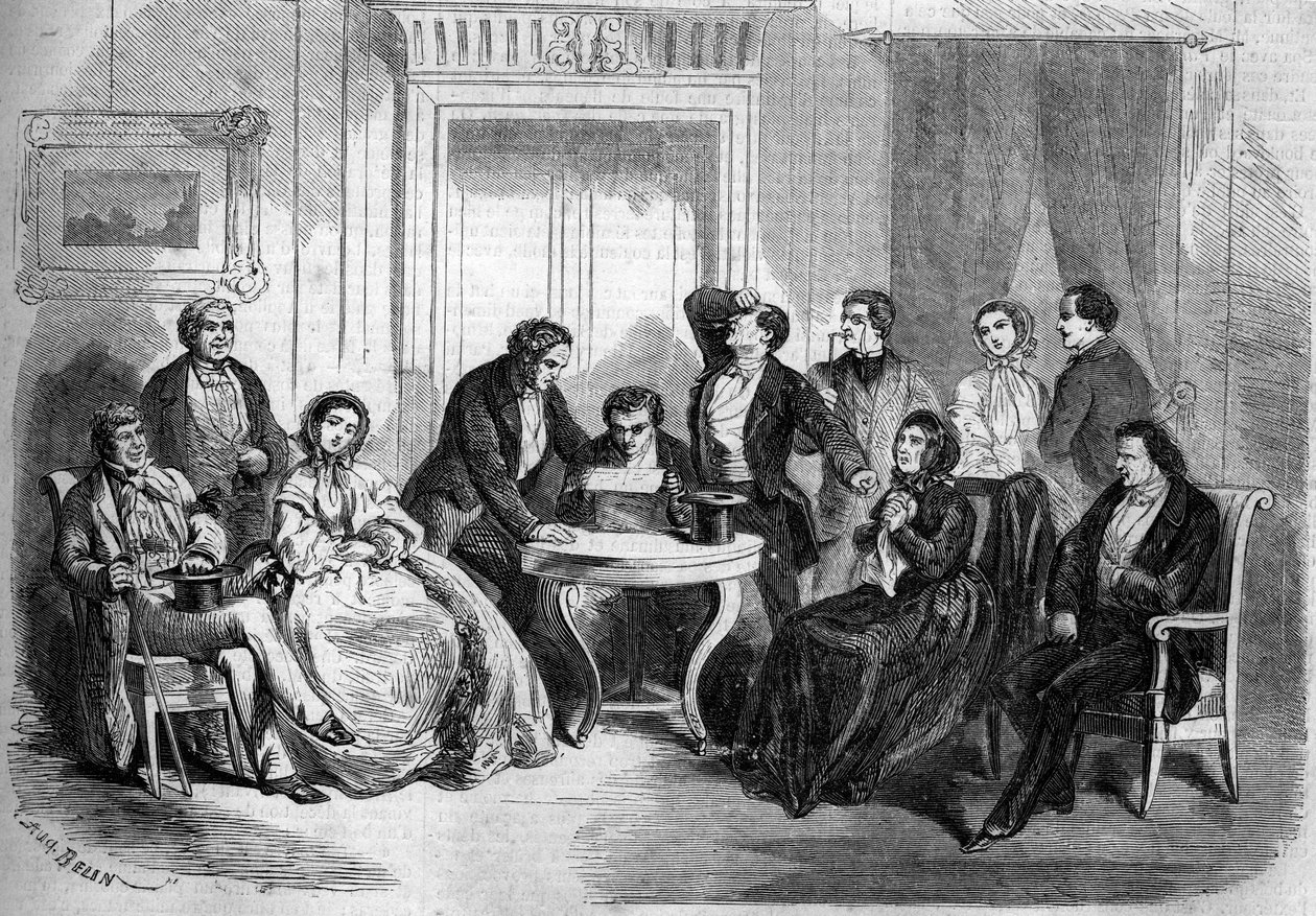 Adolphe Belotin (1829-1890) ja Edmond Villetardin teatteriesitys "" Cesar Girodotin testamentista"" (kohtaus testamentin lukemisesta, näytös I). Pariisi, Imperial de l