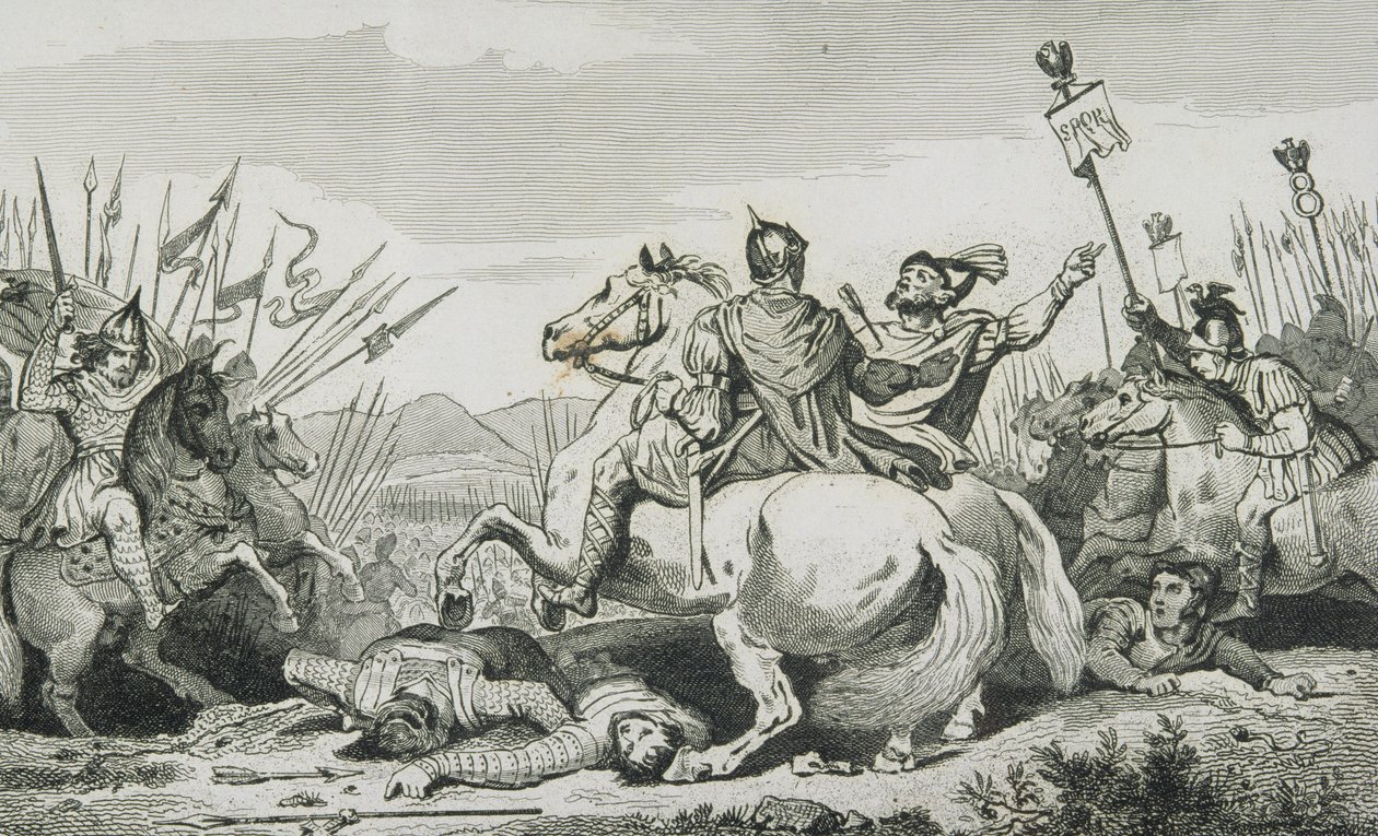 Theodoric surmataan Attilaa vastaan käydyssä taistelussa Chalonsin lähellä, Colartin "Histoire de France" -teoksesta, julkaistu noin vuonna 1840. tekijältä French School