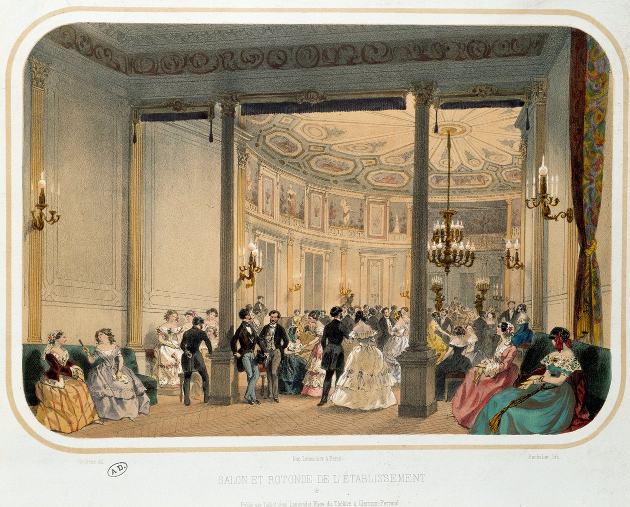 Thermalism: "" Vichyn laitoksen salonki ja rotunda maallisen vastaanoton aikaan". Litografia 1800-luvun Pariisista. Koriste taide tekijältä French School