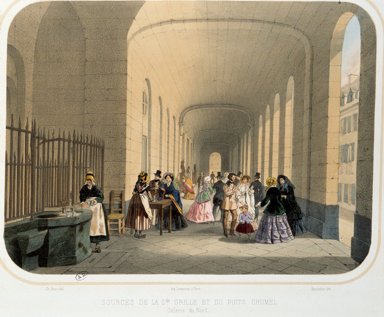 Termalismi: "" Näkymä suuren ruudukon lähteestä ja Chomelin kaivosta, pohjoisen galleria"" Litografia 1800-luvun Pariisista. Koriste taide tekijältä French School