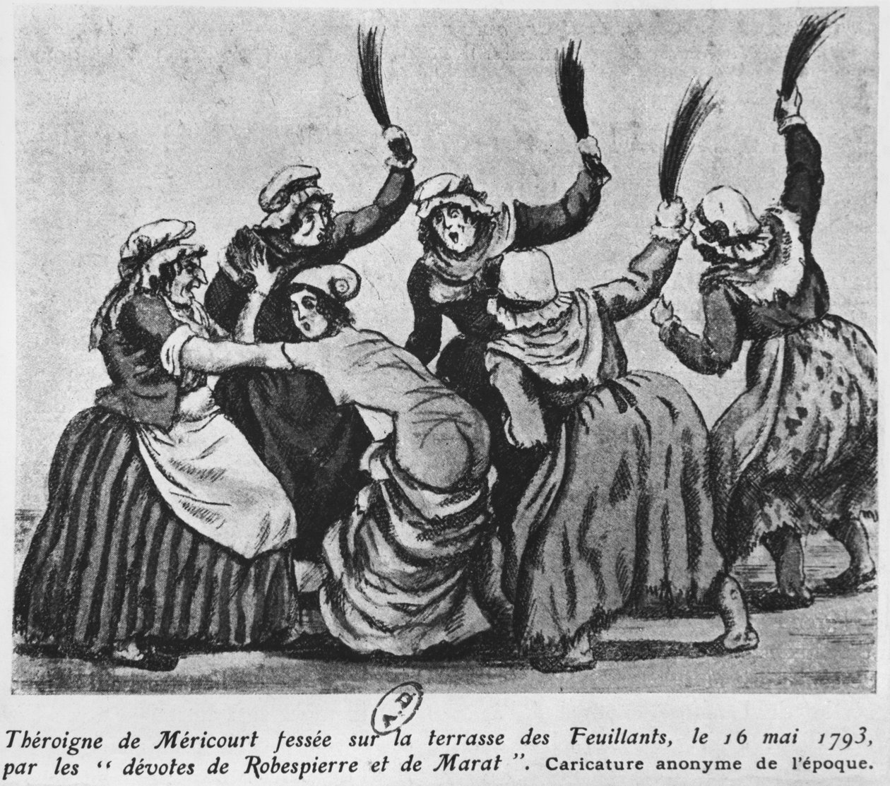 Theroigne de Mericourt, jota ryhmä pariisilaisia jakobiininaisia piiskaa, 16. toukokuuta 1793 (wc paperilla) tekijältä French School