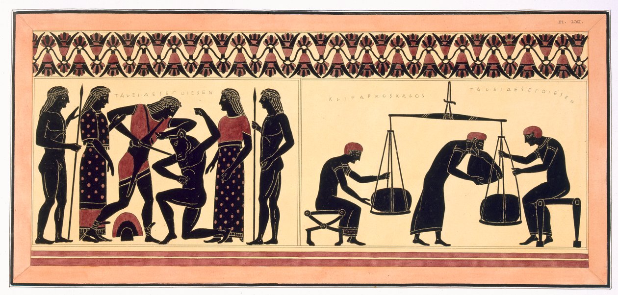 Theseus ja Minotauros, oikea, villaa punnittavien miesten kanssa, julkaistu 1808-10 (värilitho) tekijältä French School