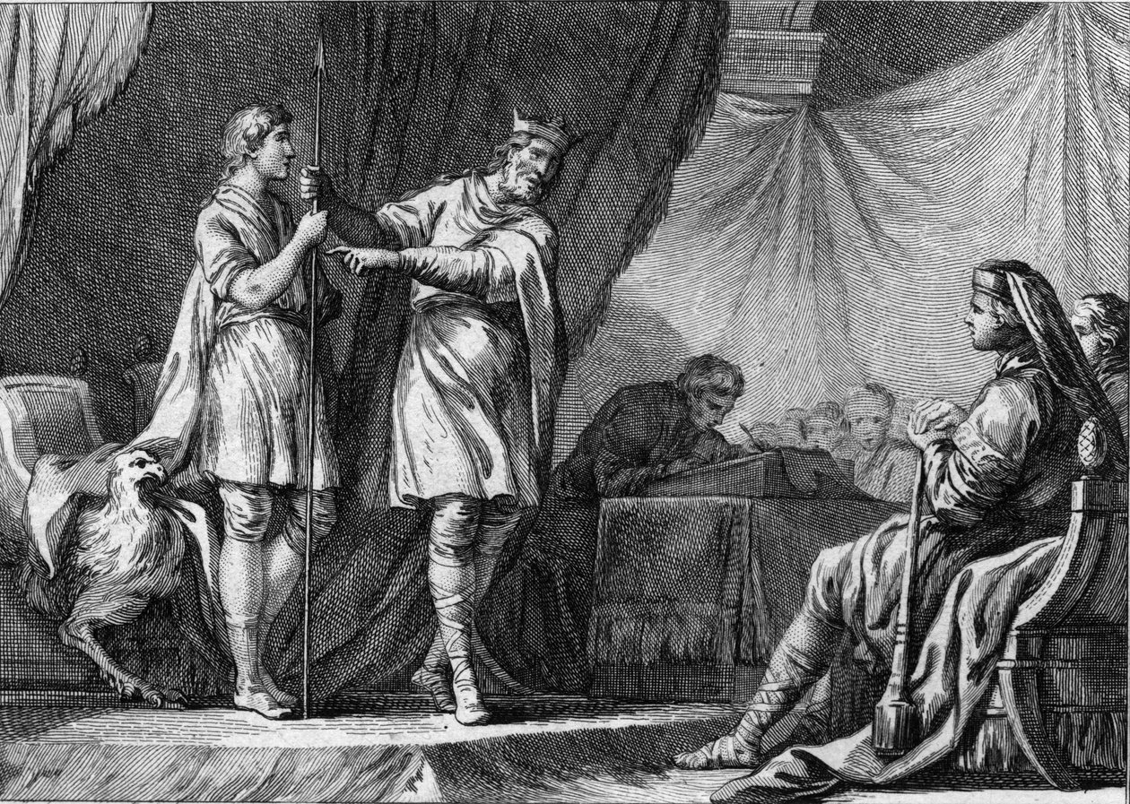 Thibaut I (Theodebald, n. 535-555), Austraasian kuningas, hylkäsi Bysantin keisari Justinianuksen lähettiläiden tarjouksen luopua ostrogoottien puolustuksesta ja liittyä valtakuntaan. Kaiverrus 1700-luvulta. tekijältä French School
