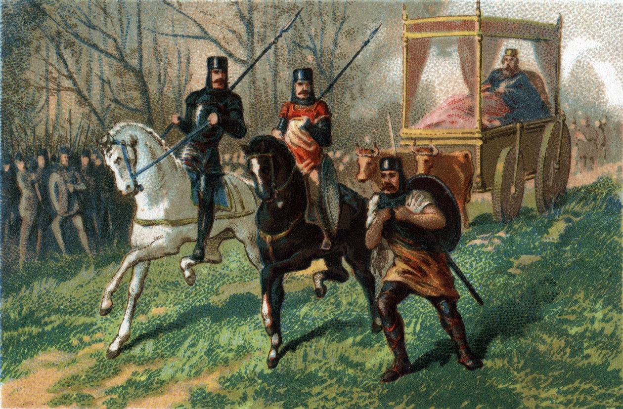 Thierry III sanoo, että Faineantin kuningas 673a 691 kävelee Pariisin halki härkien ampumassa vaunussaan. Kromolitografia noin 1890. tekijältä French School