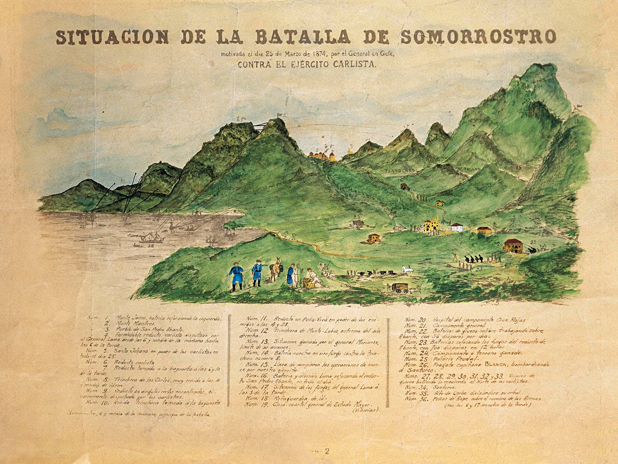 Kolmas karlistinen sota (1872-1876): kuvaus Somorrostron taistelusta Baskimaassa 25.3.1874 (kaiverrus) tekijältä French School