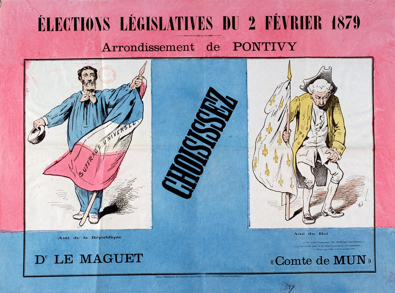 Kolmas tasavalta: juliste 2.2.1879 pidetyistä parlamenttivaaleista Pontivyn kunnassa (Morbihan). Pariisi. Juliste- ja mainosmuseo tekijältä French School