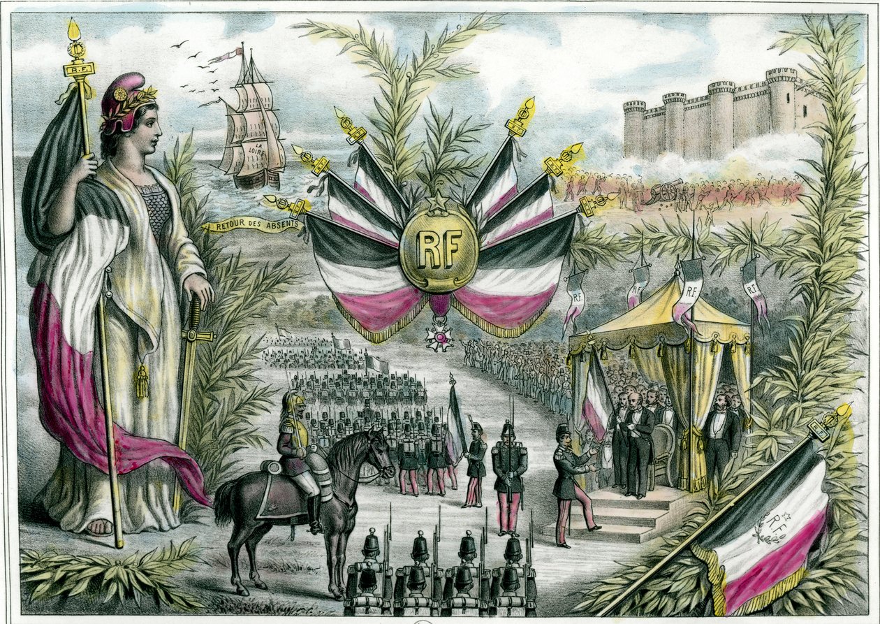 Kolmas tasavalta: voitokas tasavalta hallitsee 14.7.1880 järjestettyä suurta kansallisjuhlaa Place de la Bastille -aukiolla. Heinäkuun 14. päivästä tulee Ranskan kansallisjuhla, ja kolmivärinen lippu otetaan käyttöön. Kaiverrus noin 1880 Yksityiskokoelma tekijältä French School