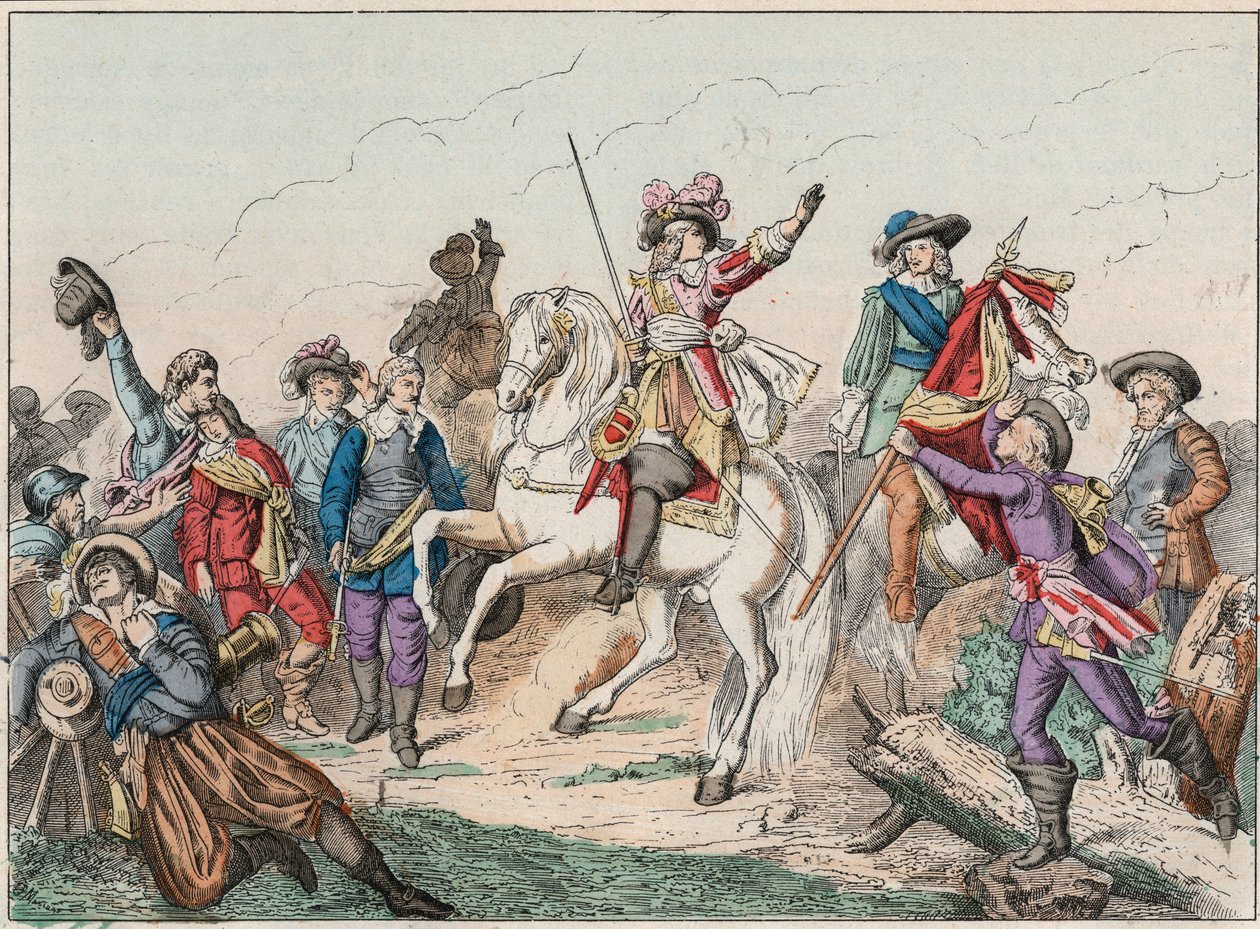 Kolmikymmenvuotinen sota (1618-1648): Bourbon Conden (Bourbon-Conde) prinssi Ludvig II, joka tunnetaan nimellä Grand Conde (1621-1686), Enghienin herttua tervehtii Fontainen kreivin ruumista Rocroin taistelussa (Rocroy) espanjalaisia vastaan 19. toukokuuta tekijältä French School
