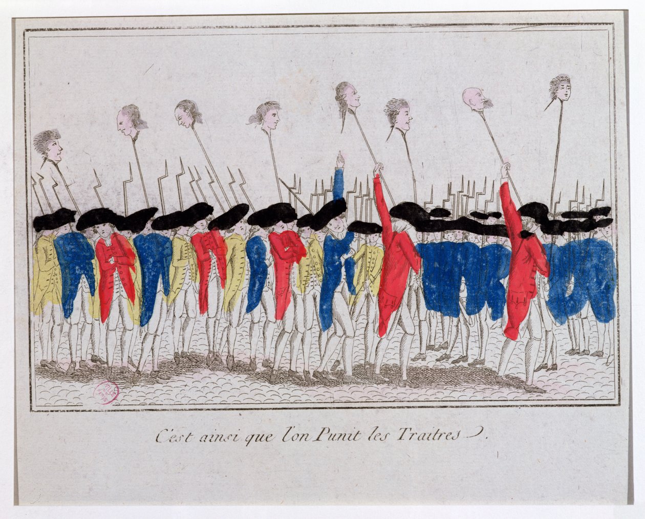 Näin rangaistaan pettureita, sans-culotteja, jotka kantavat giljotiinien päitä, 1789 tekijältä French School