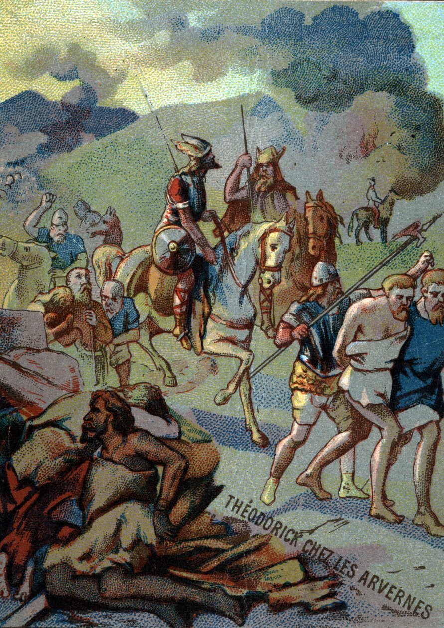 Théoderick, Clovisin vanhin poika, Arvernesissa (Auvergne) (532-533). Kromolitografia sarjasta "" Isänmaallinen kasvatus kuvan kautta"". tekijältä French School