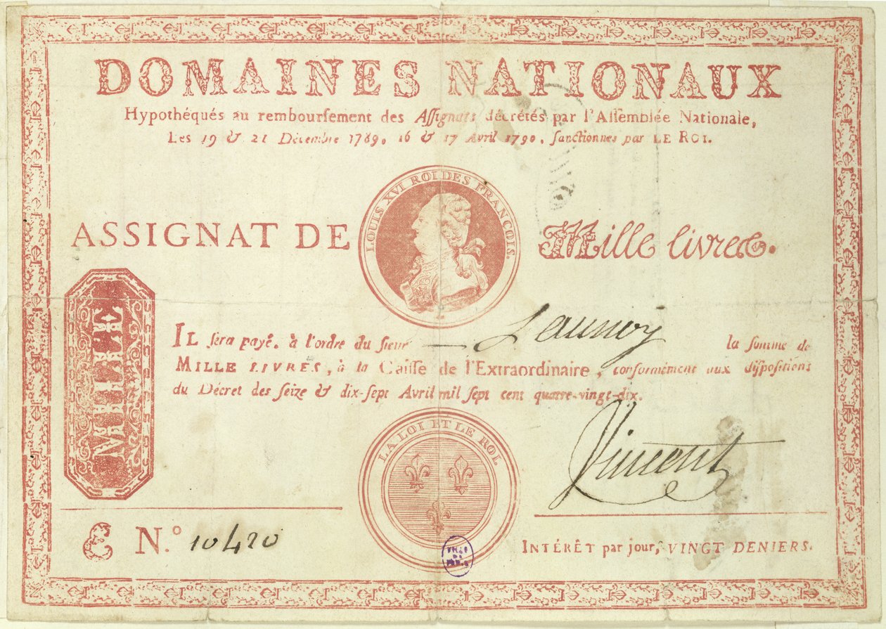 Tuhannen liiran seteli Ludvig XVI:n (1754-93) kuvalla 1790 tekijältä French School