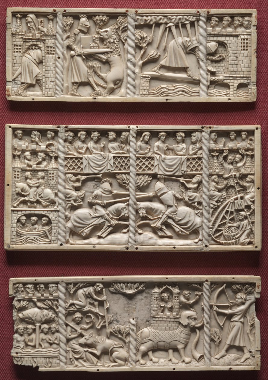 Kolme paneelia arkista ja kohtauksia hoviromaaneista, n. 1330-1350 tekijältä French School