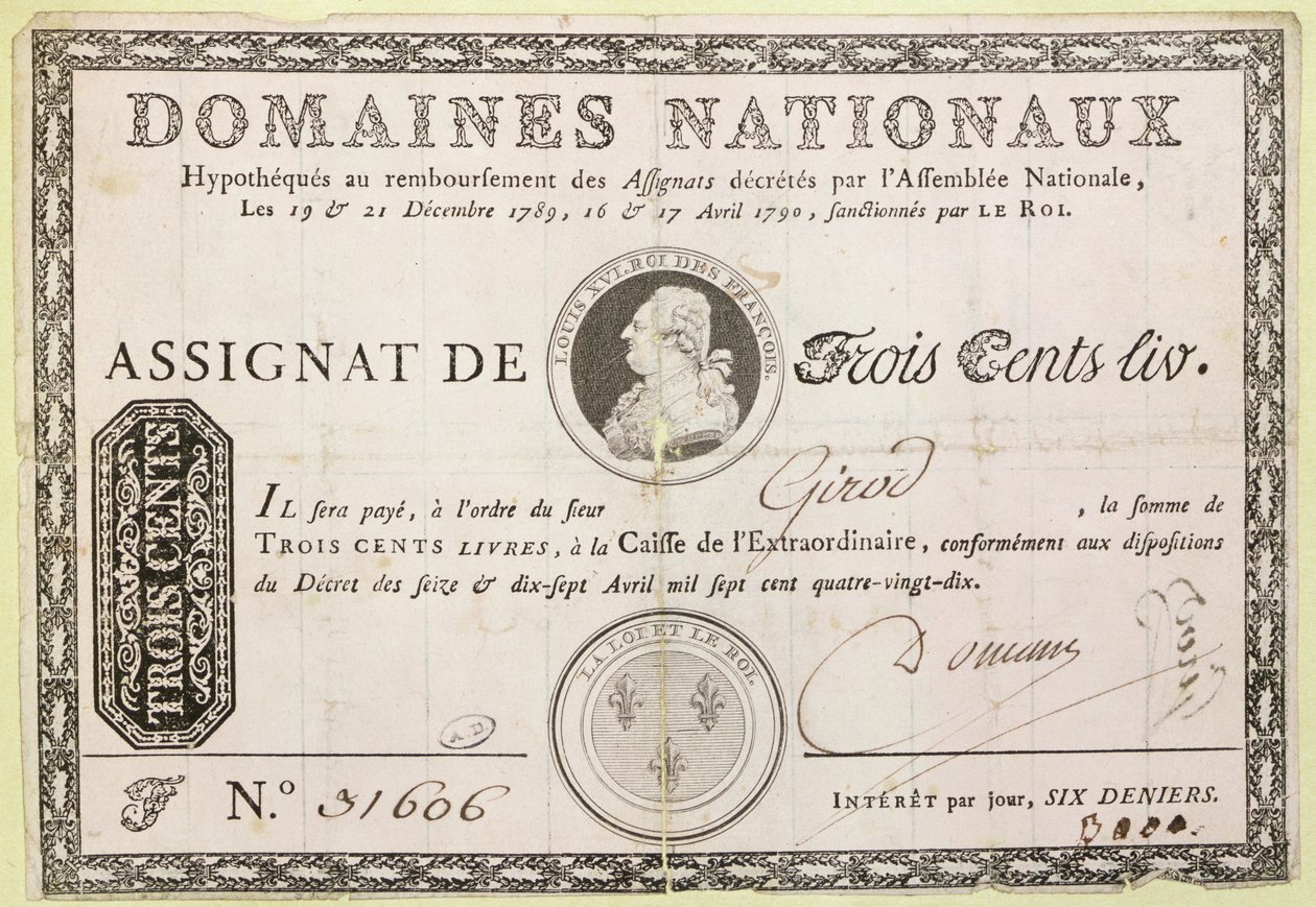Kolmensadan livin seteli, 1790 (muste paperille) tekijältä French School