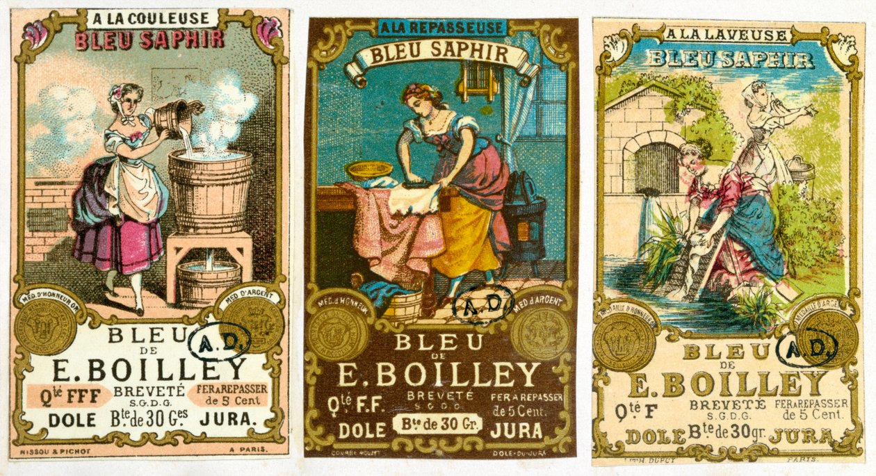 Kolme etikettiä Bleu de E. Boilley -merkkiiselle pesujauheelle, 1878 tekijältä French School