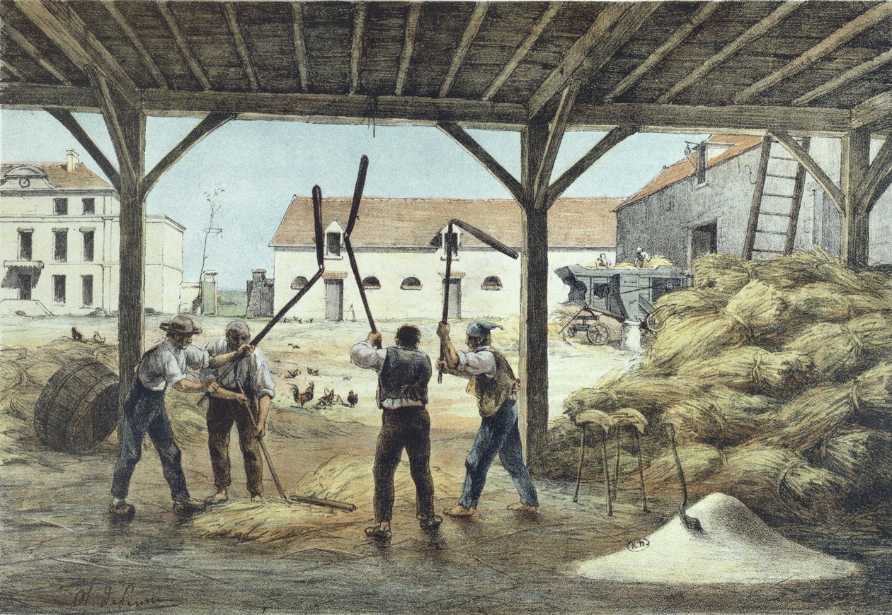 Maissin puima, kuva kouluoppikirjasta Enseignement par les yeux, 1800-luvun toinen puoli tekijältä French School