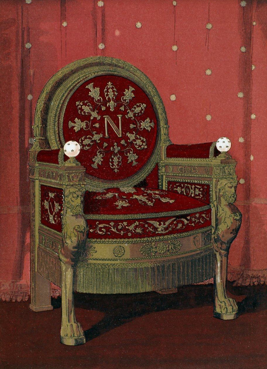 Napoleon I:n valtaistuin Bonaparte (1769-1821) Fontainebleaun palatsi, kuvitus Henry Havardin sisustus- ja sisustussanakirjasta, osa 4, levy 54, Paris, Maison Quantin, 1 tekijältä French School