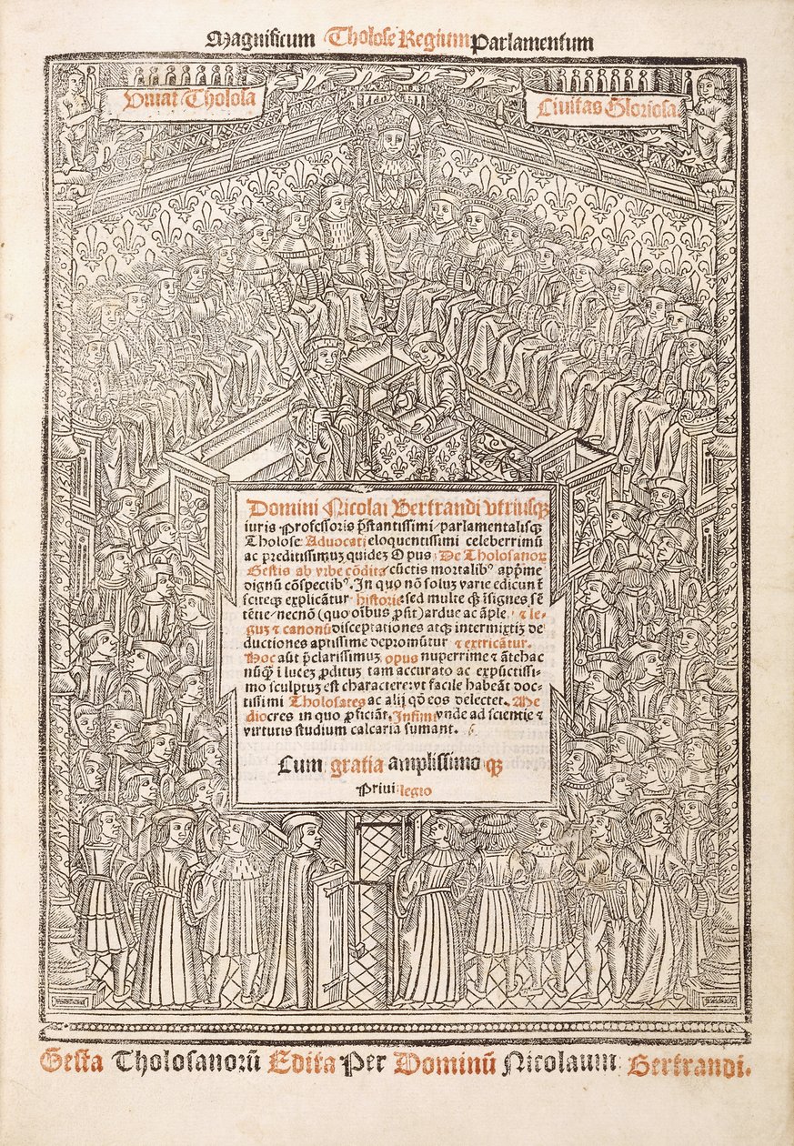 Nimisivulla näkyy Toulousen parlamentti, 1515 tekijältä French School